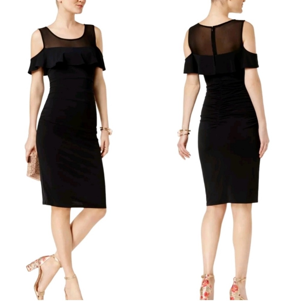 INC International Concepts Black Dress Cold Shoulder Ruched Illusion 0X